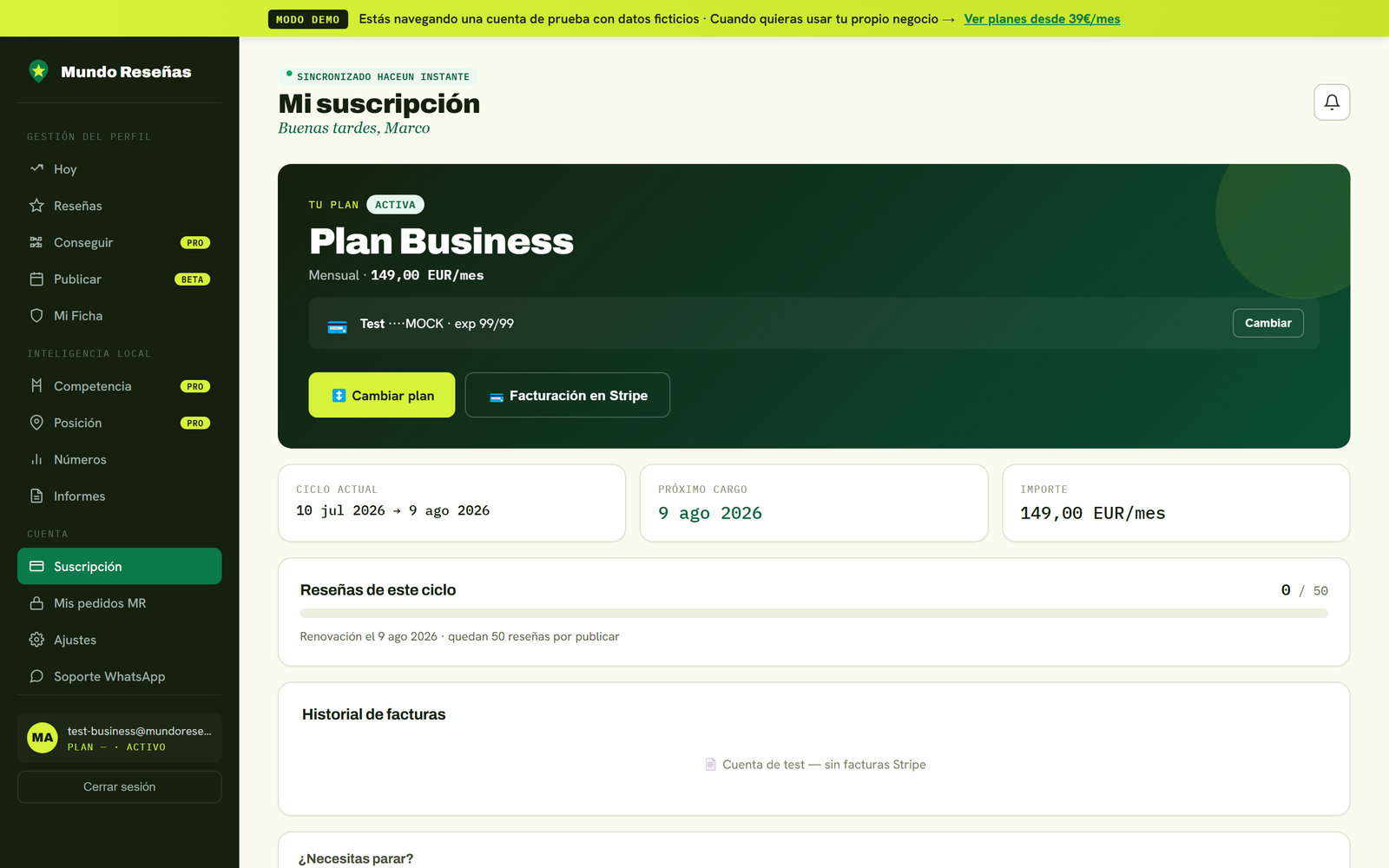 Vista Mi Suscripción del panel: Plan Business activo 149€/mes, ciclo actual, próximo cargo, historial de facturas descargables, botones pausar y cancelar