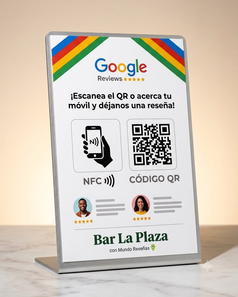 Caballete de mesa Mundo Reseñas con QR y NFC para pedir reseñas en Google