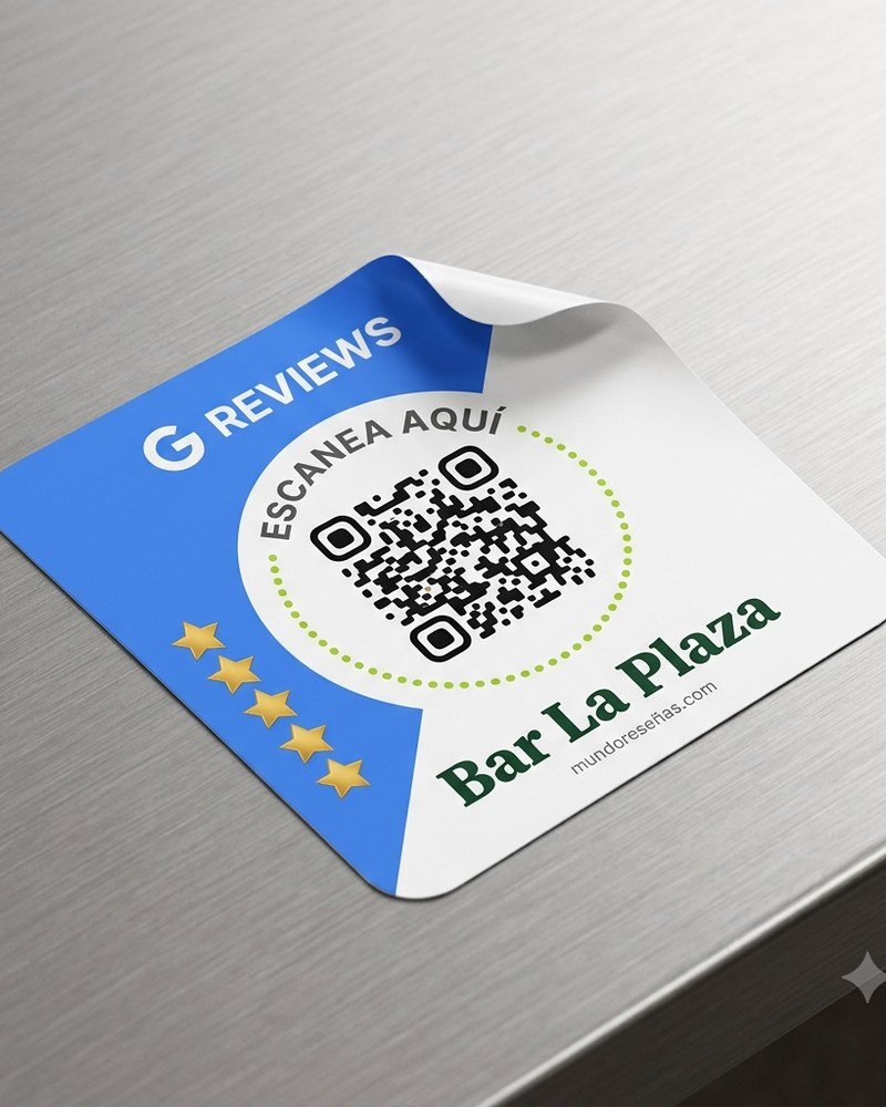 Pegatina de mostrador Mundo Reseñas con QR y estrellas Google Reviews