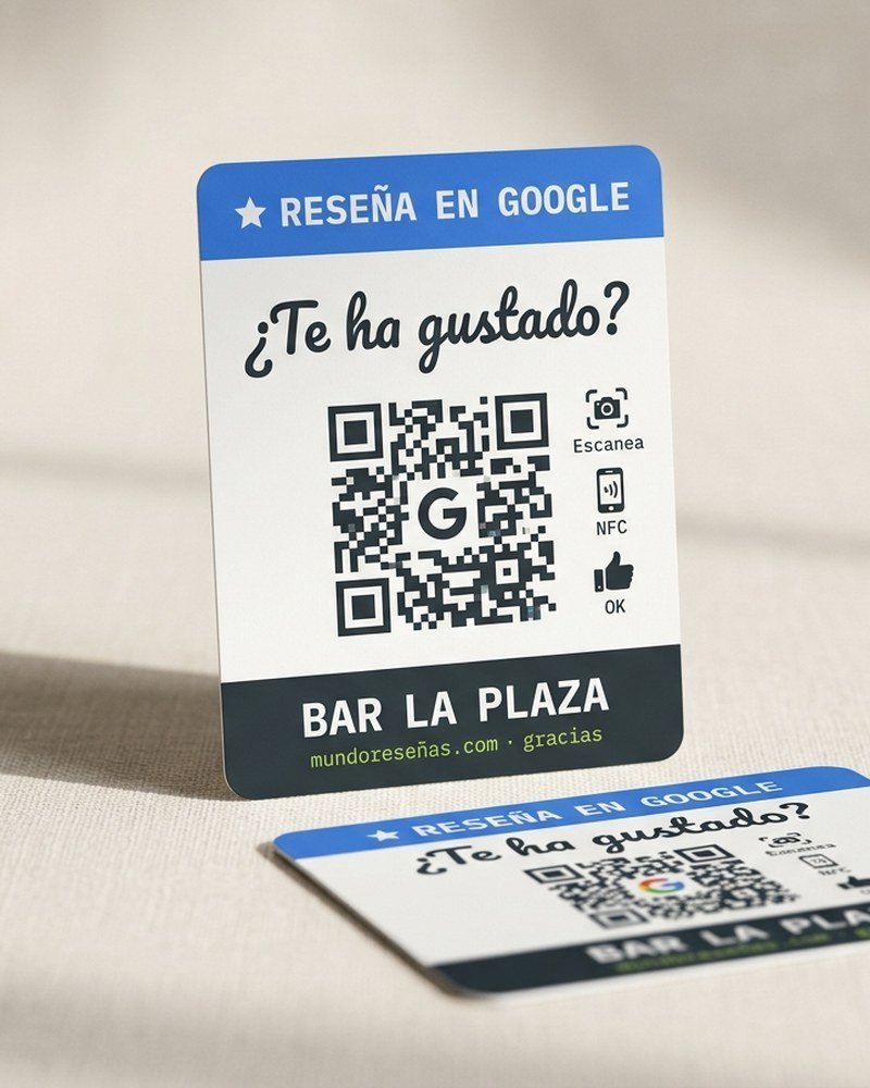 Tarjeta ticket para bolsa Mundo Reseñas con QR y llamada a valorar en Google